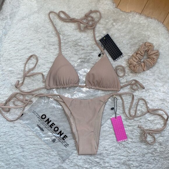 NWT OneOne Swimwear SET Bikini Ariel Sand Nude Beige Cheeky Triangle New Neutral - Picture 2 of 5